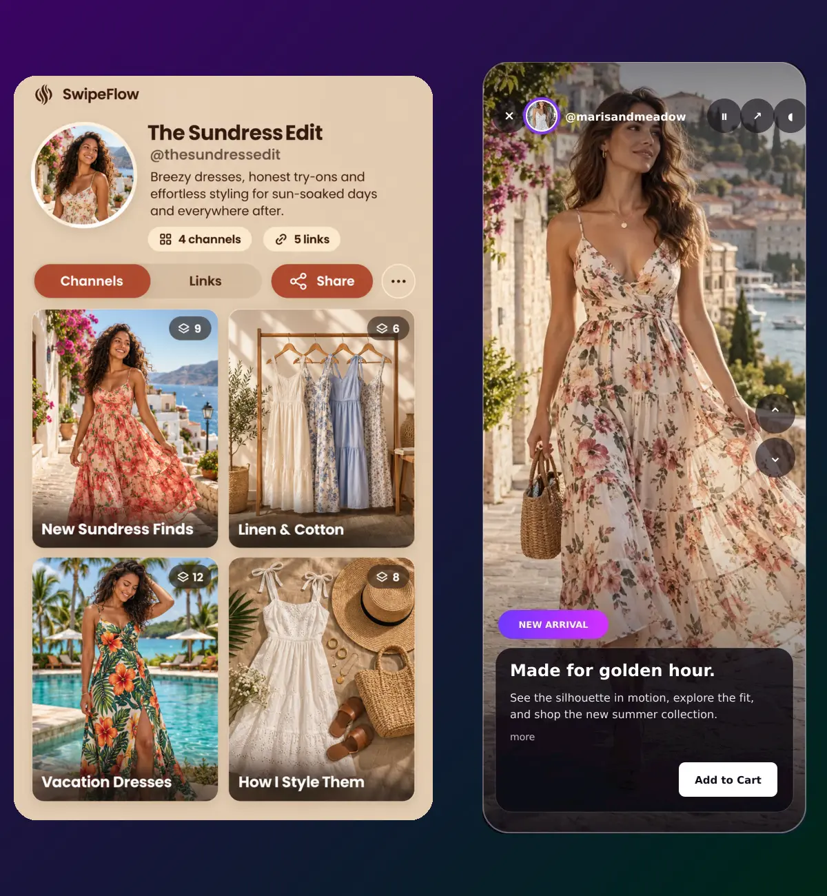 The Sundress Edit account and connected SwipeFlow video