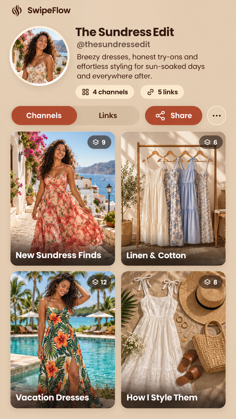 The Sundress Edit SwipeFlow account with curated fashion channels