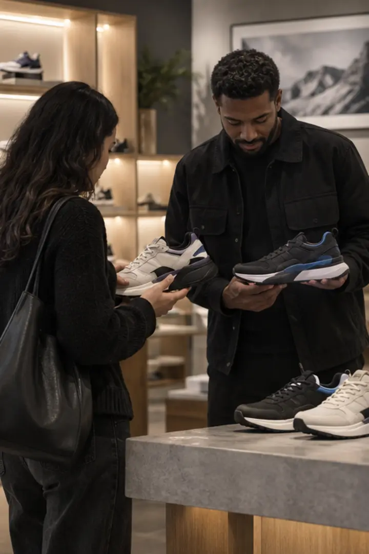 Store associate helping a shopper compare styles