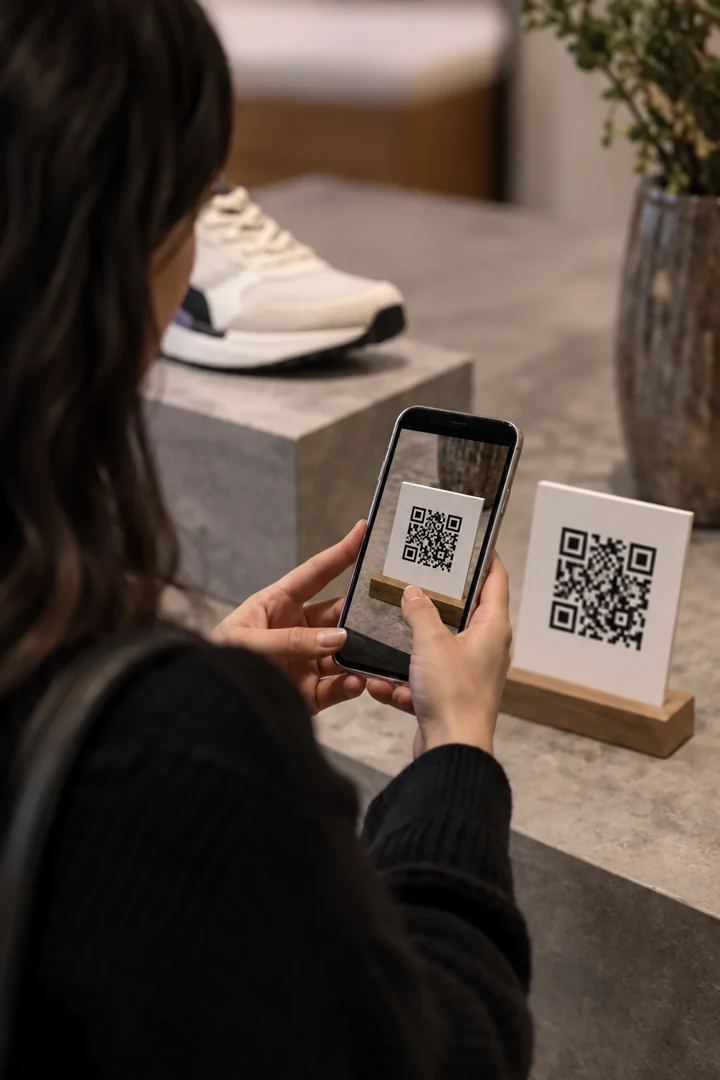 Shopper scanning a QR code displayed on an in-store product sign