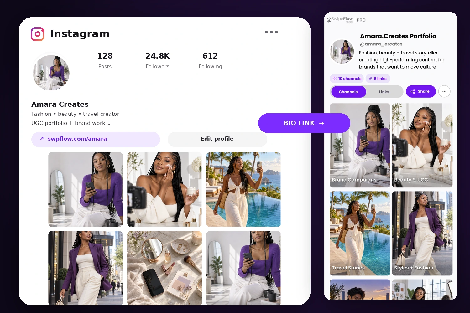Amara Creates Instagram profile with its bio link leading to the supplied SwipeFlow Pro account page