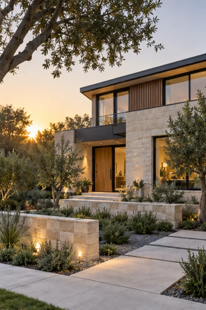 Contemporary property exterior at golden hour