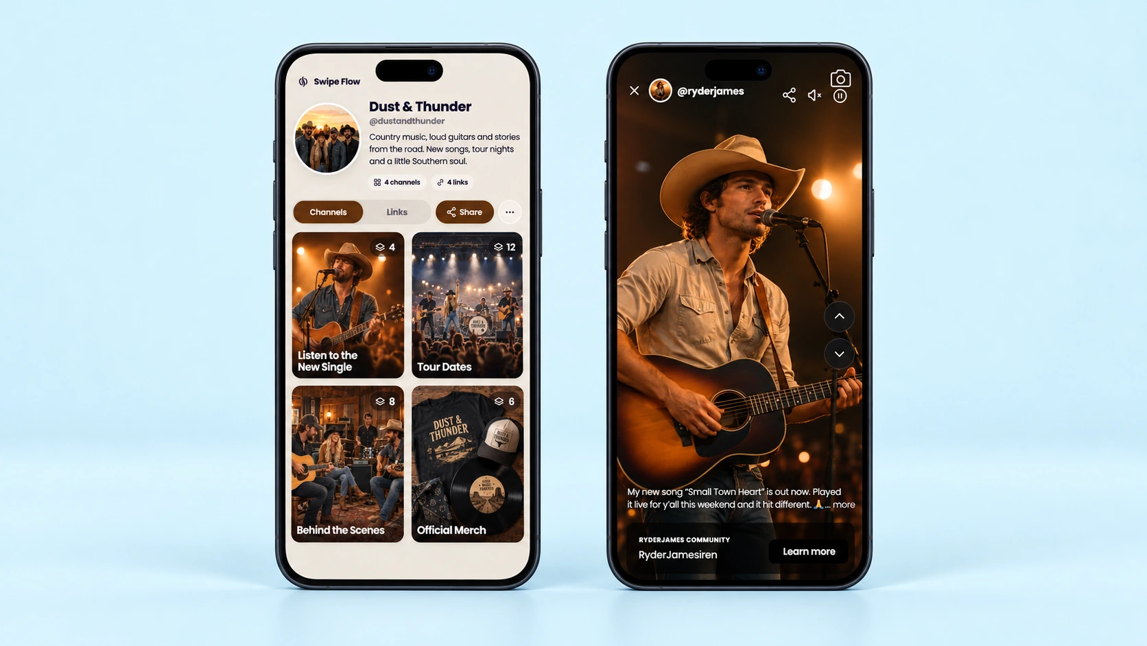 Dust and Thunder account alongside a musician content experience on two phones