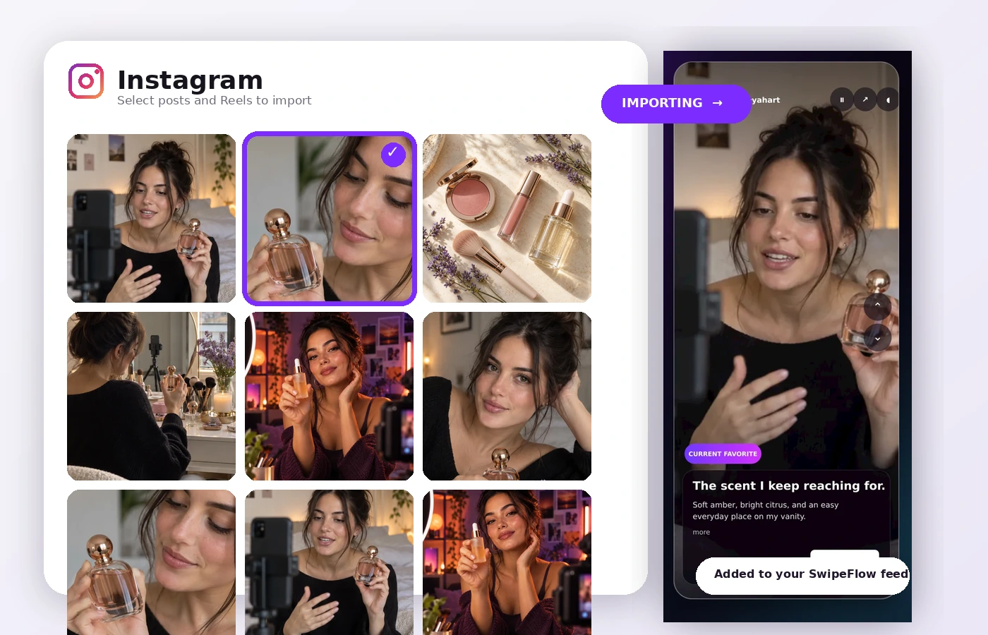 A grid of beauty influencer Instagram posts with a selected Reel being imported into an authentic SwipeFlow video card