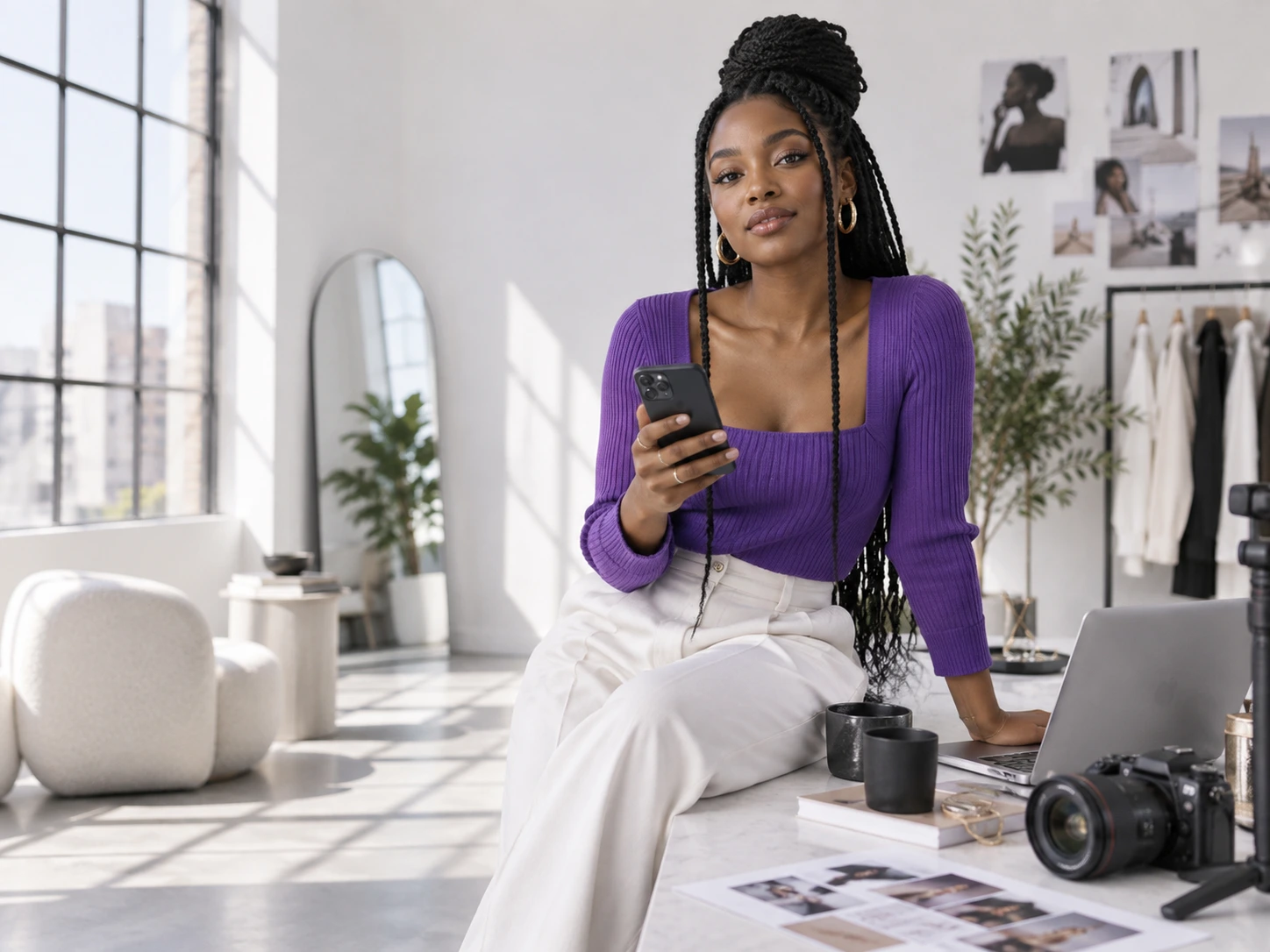Independent creator in a purple top working in her studio