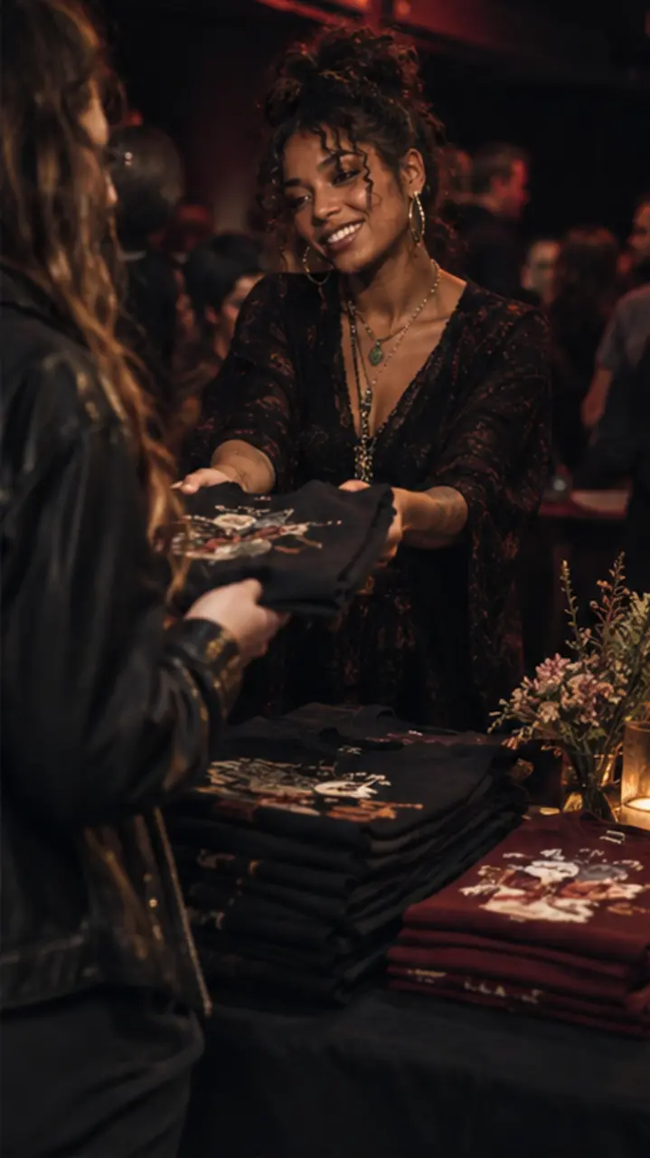 Artist connecting with fans at the merchandise table