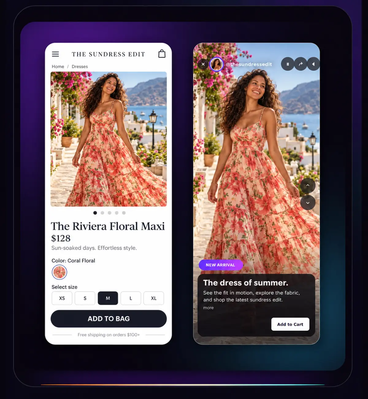 The Sundress Edit product page paired with a shoppable SwipeFlow video featuring the Riviera Floral Maxi dress